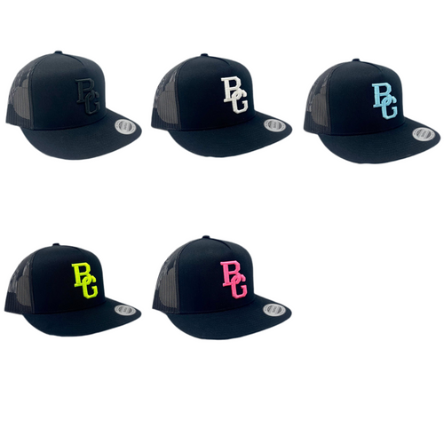 Black Trucker Flat Bill Hat - Colored Embroidery - YUPOONG