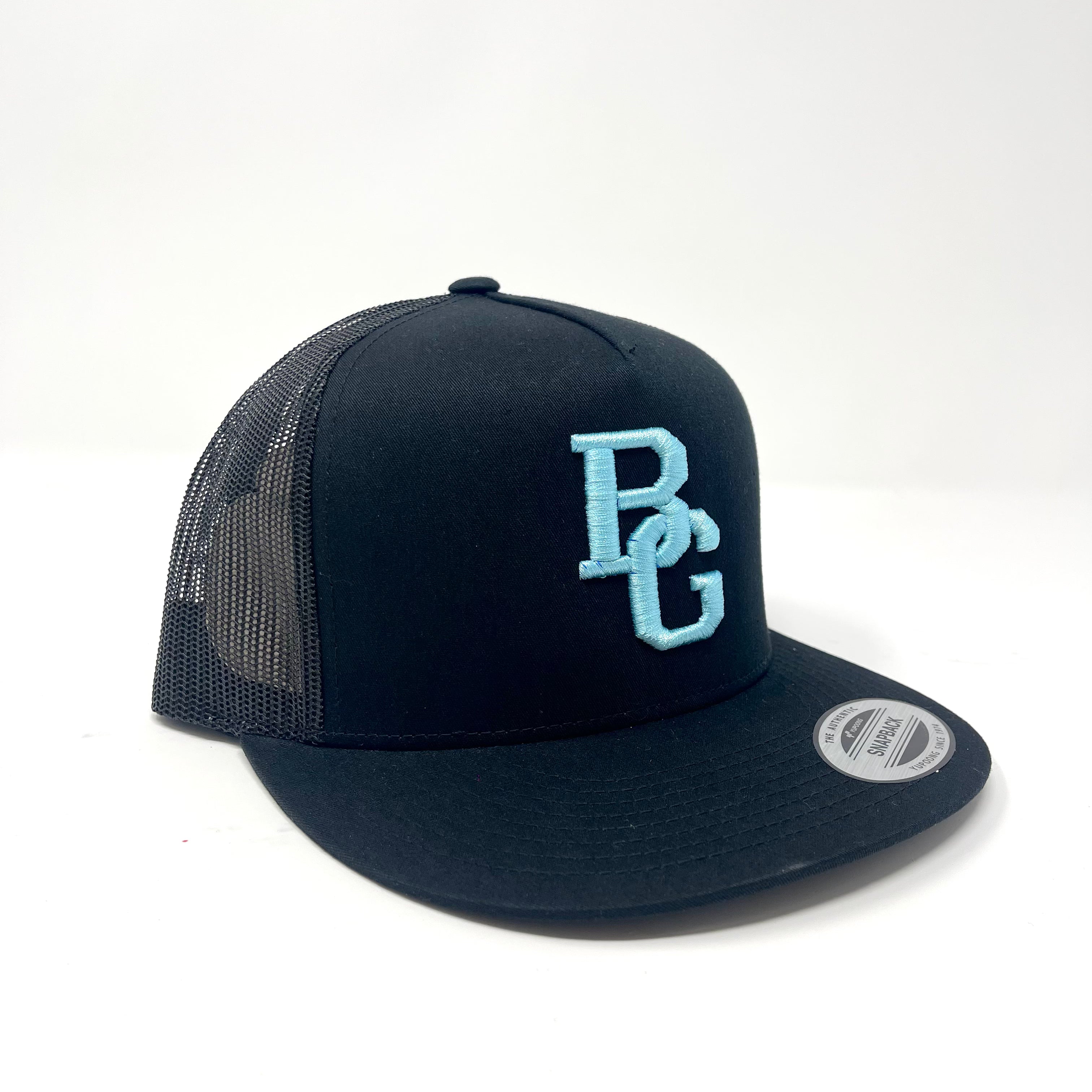 Black Trucker Flat Bill Hat - Colored Embroidery - YUPOONG