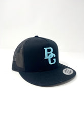 Load image into Gallery viewer, Black Trucker Flat Bill Hat - Colored Embroidery - YUPOONG